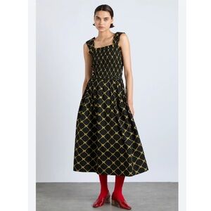 Damson Madder Dress Tish Violet Midi Smocked in Black Gold Bow Print